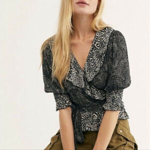 Free People Black Olivia Printed Wrap Top Size XS